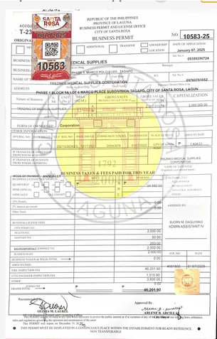 Trezmed Medical's official business permit authorizing operations as a medical equipment supplier