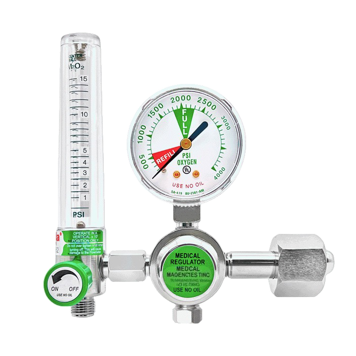 Piston Oxygen Regulator 0–15 LPM with humidifier bottle and cannula