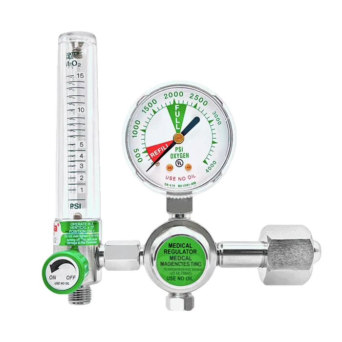 Piston Oxygen Regulator 0–15 LPM with humidifier bottle and cannula