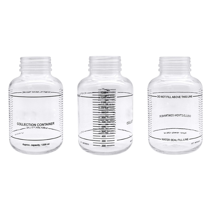 1200 ml medical suction water bottle with volume markings and safety indicator