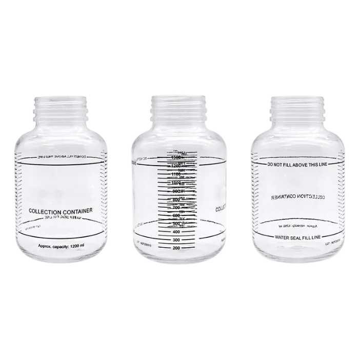 1200 ml medical suction water bottle with volume markings and safety indicator