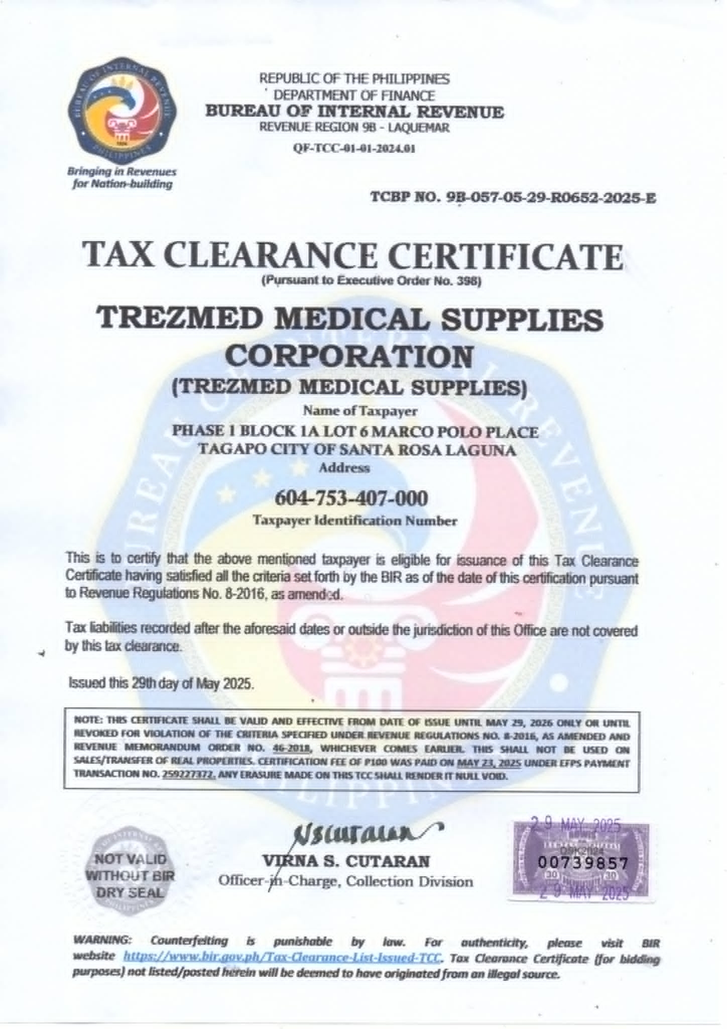 Tax clearance certificate placeholder