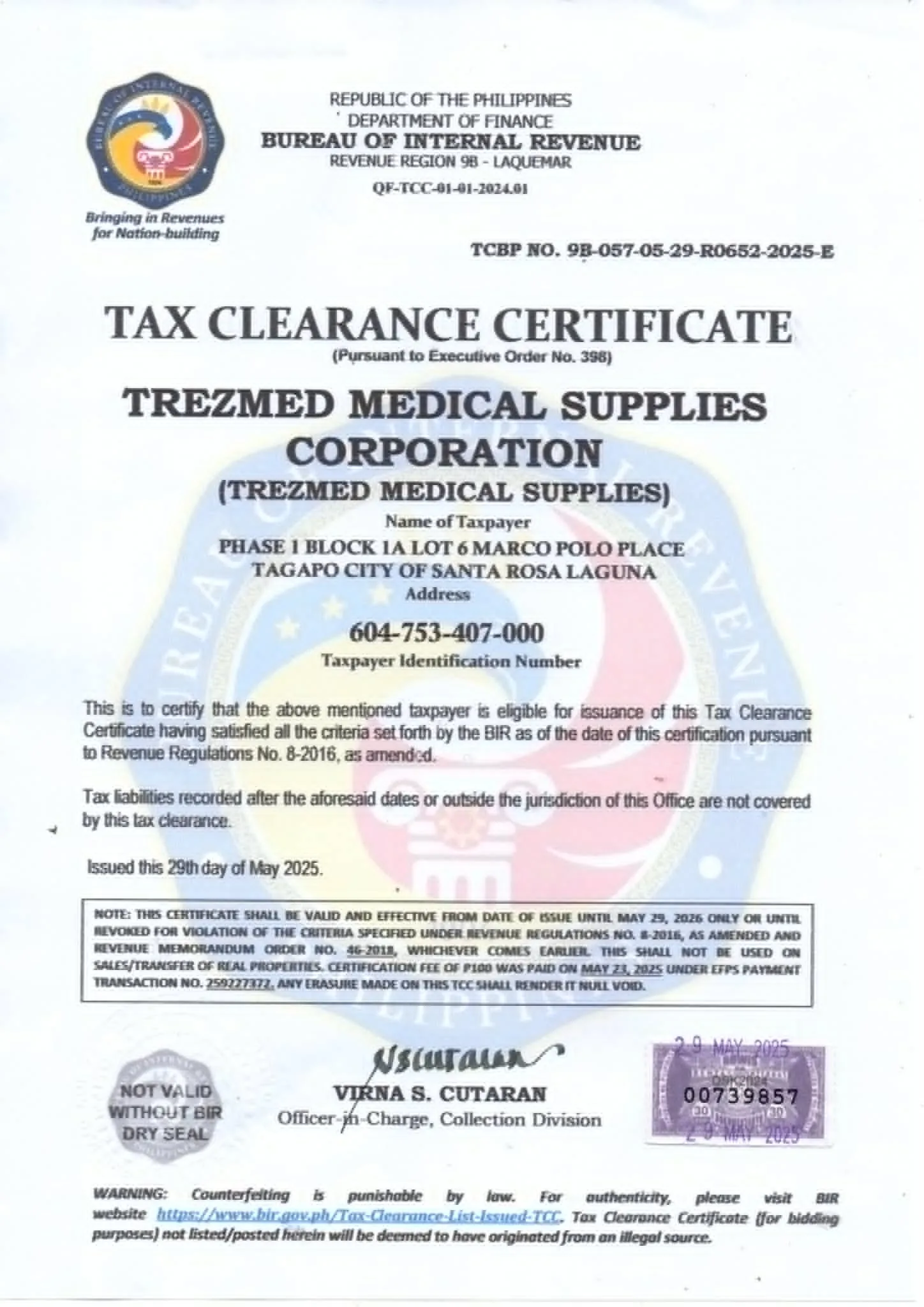 Tax clearance certificate placeholder
