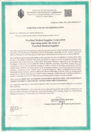 Trezmed Medical Securities and Exchange Commission (SEC) Certificate of Registration