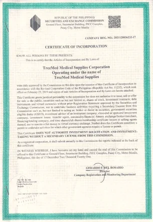 Trezmed Medical Securities and Exchange Commission (SEC) Certificate of Registration